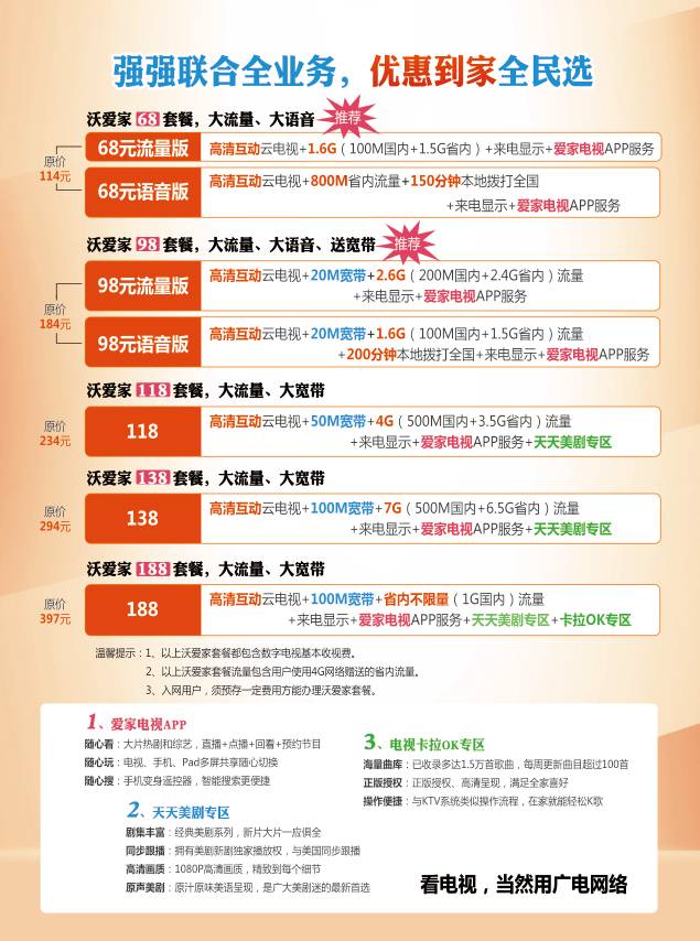都有,只不过没写,跟广电合作的套餐也不错