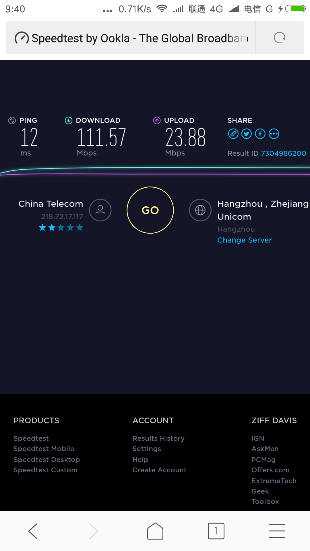 中国电信杭州100M家庭宽带测速