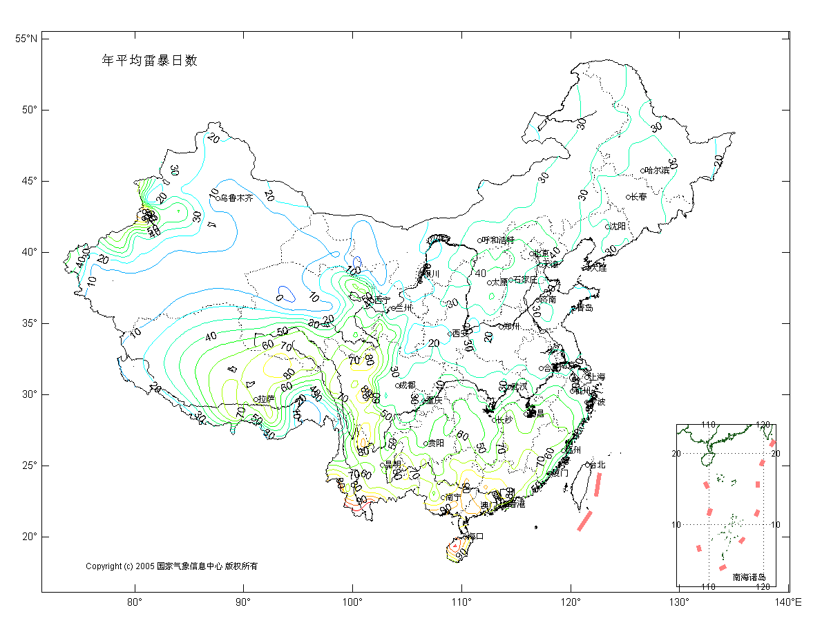 雷暴日全国分布图