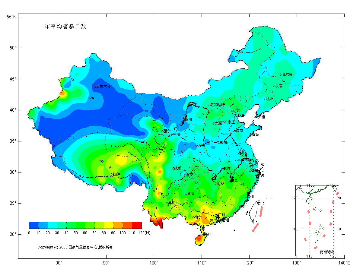 雷暴日全国分布图